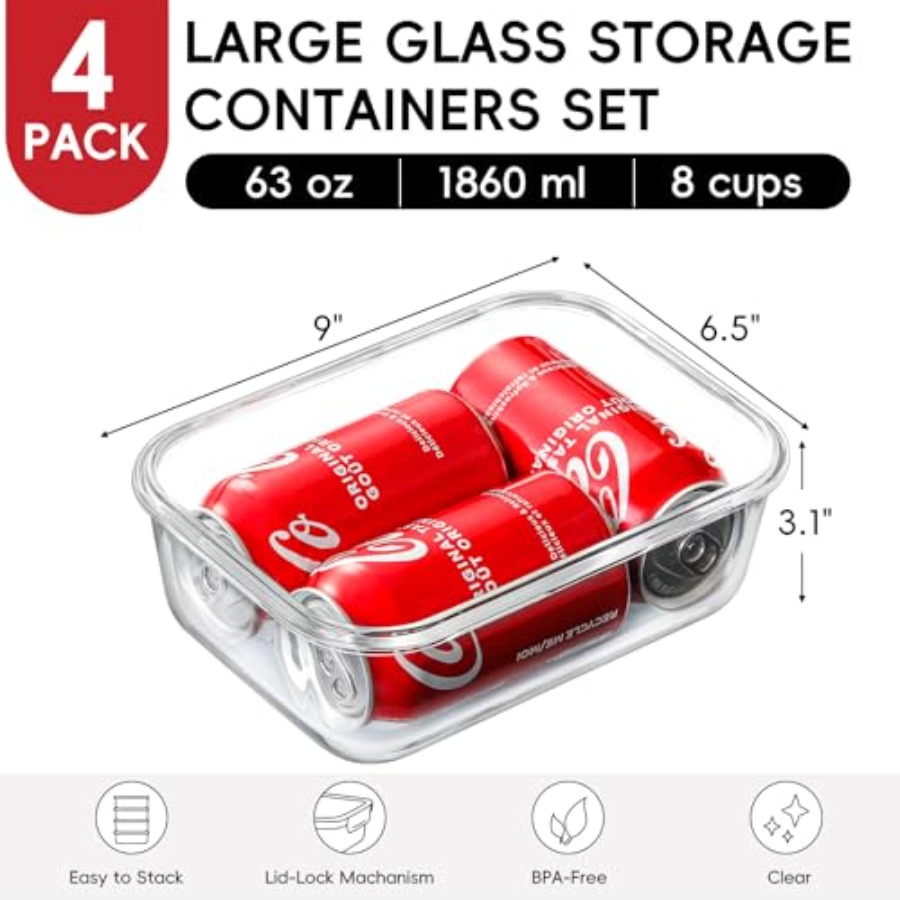 4 Pack 8 Cups/ 63oz Large Glas – обзор и цена Food Storage Prep Containers